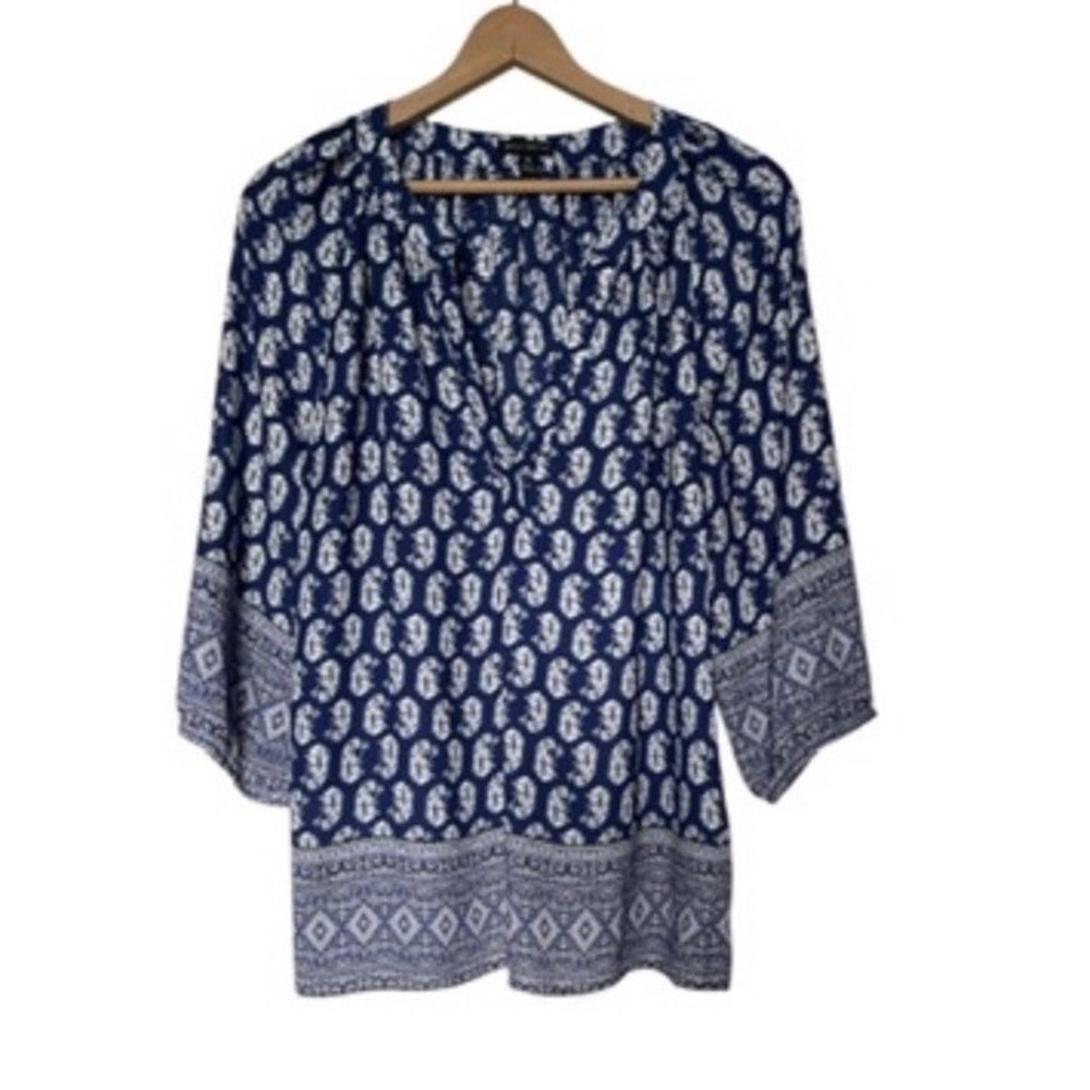 Willi Smith Peasant Blouse Womens 1X Navy Blue Paisley Print Boho Split Neck Top